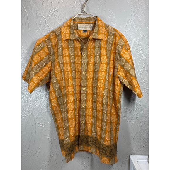 Prana Shirt Mens Orange Brown Hawaiian Geometric Summer Short Sleeve Size Medium - Picture 1 of 5